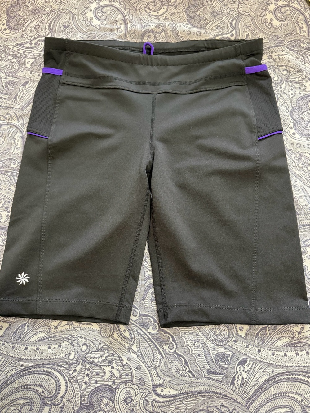 Athleta Women's Black Athletic bike Shorts with Purple Trim, 9 in